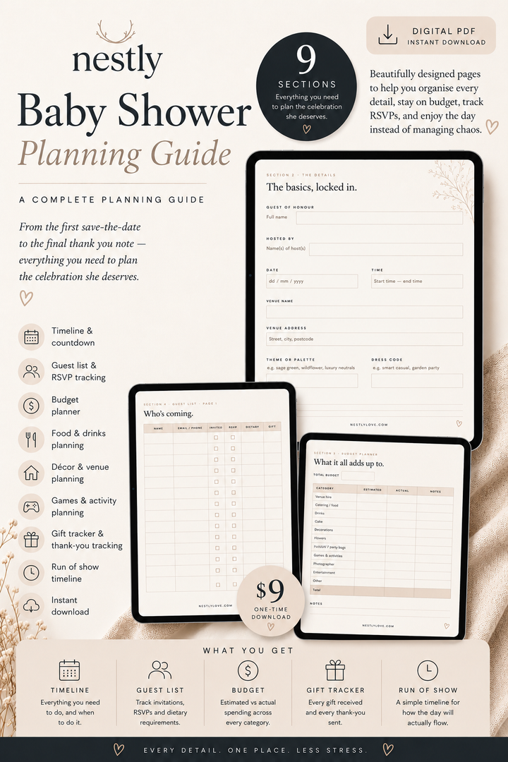 Nestly Baby Shower Planning Guide — Complete Fillable PDF, Digital Download